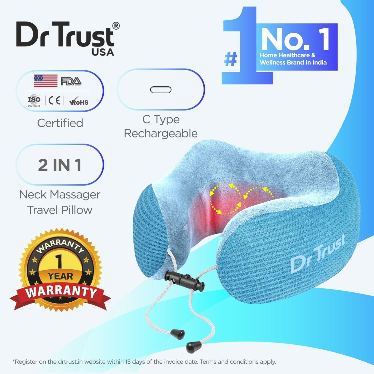 Dr Trust USA Cloudwalker Neck Pillow for Travel 386 (Massager & Heat)