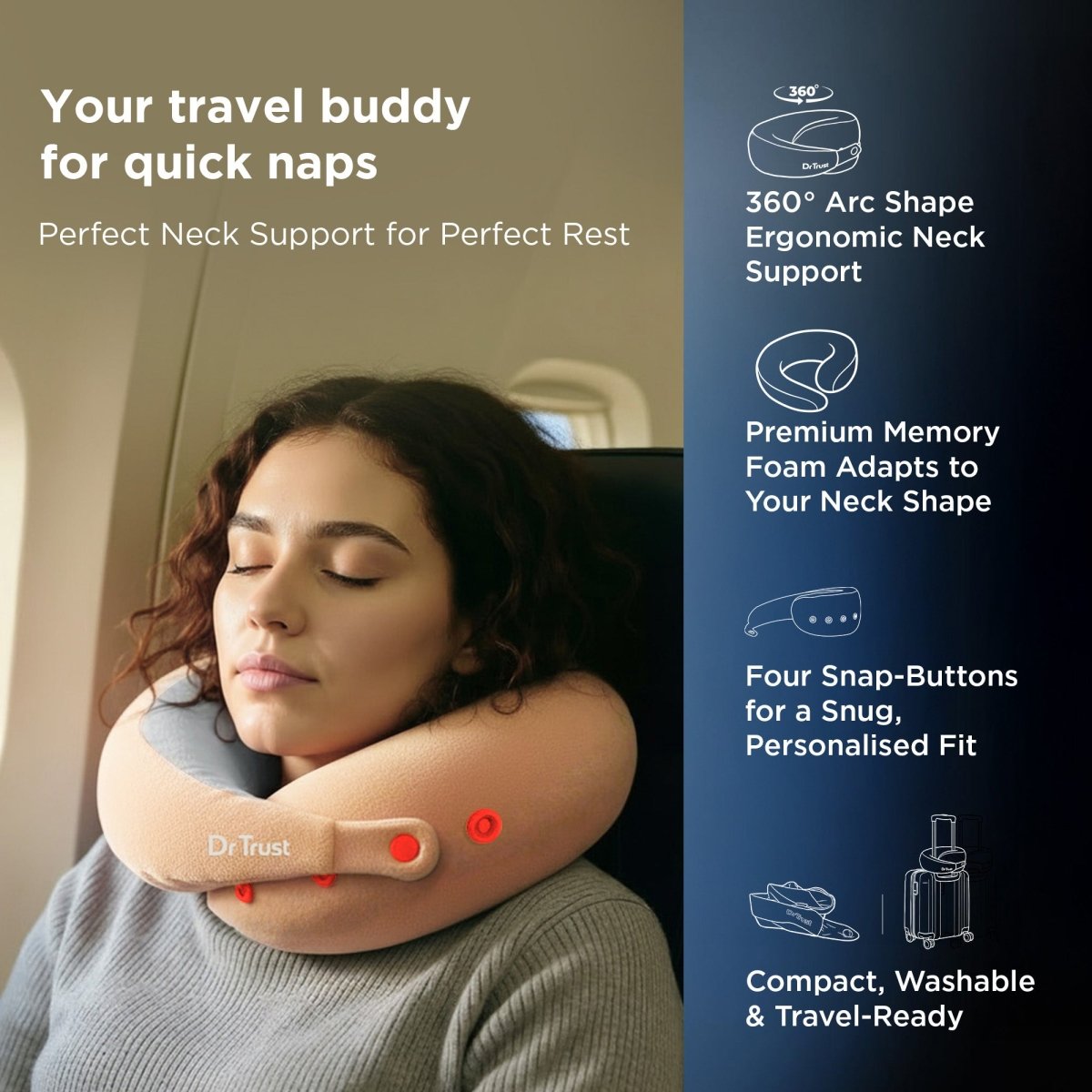 Dr Trust USA Cocoon 3205 Travel Neck Pillow 360° Ergonomic Support for Car, Flight & Train Comfortable Memory Foam Pillow with 4 Adjustable Buttons – Pink Voyager