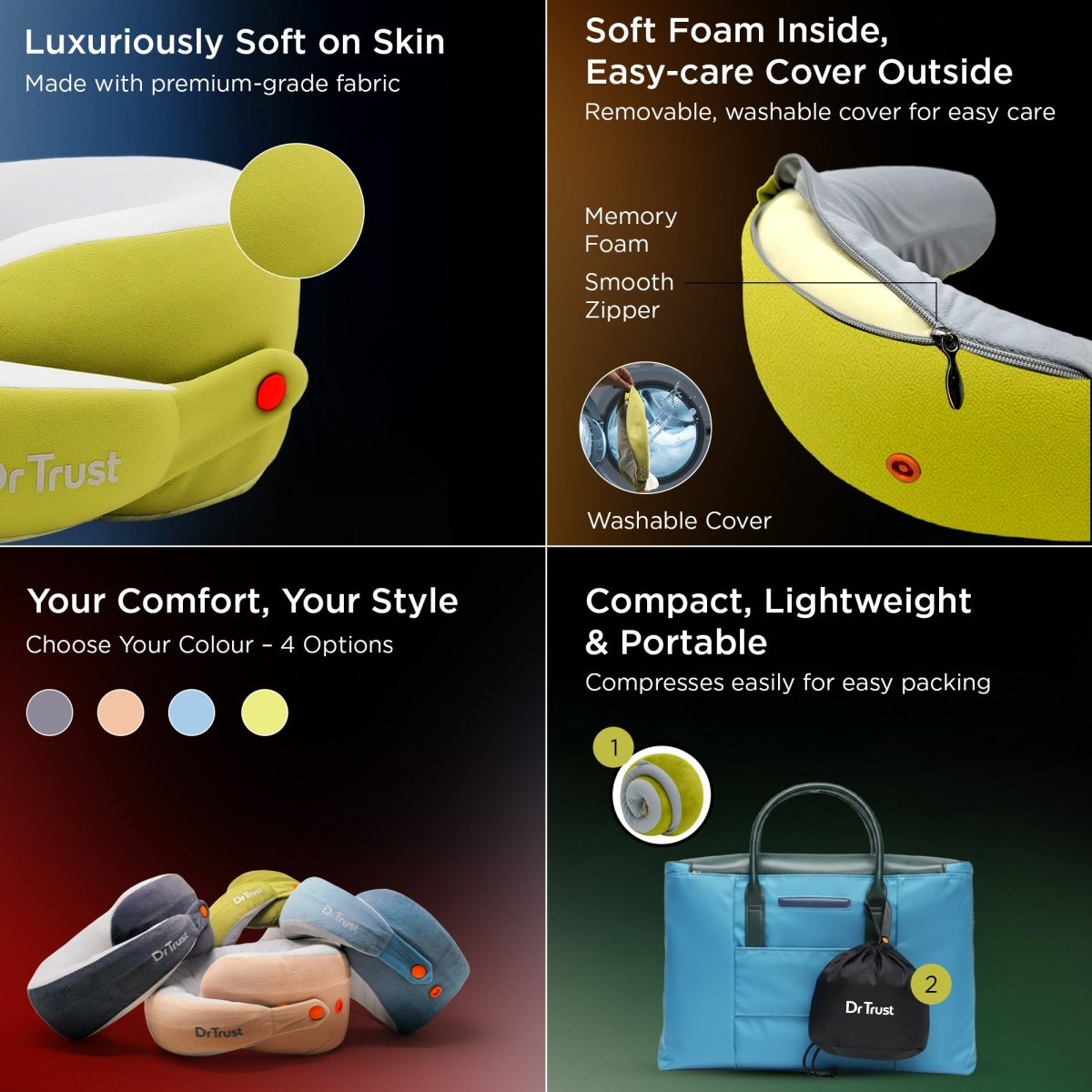 Dr Trust USA Cocoon 3219 Travel Neck Pillow 360° Ergonomic Support for Car, Flight & Train Comfortable Memory Foam Pillow with 4 Adjustable Buttons – Green