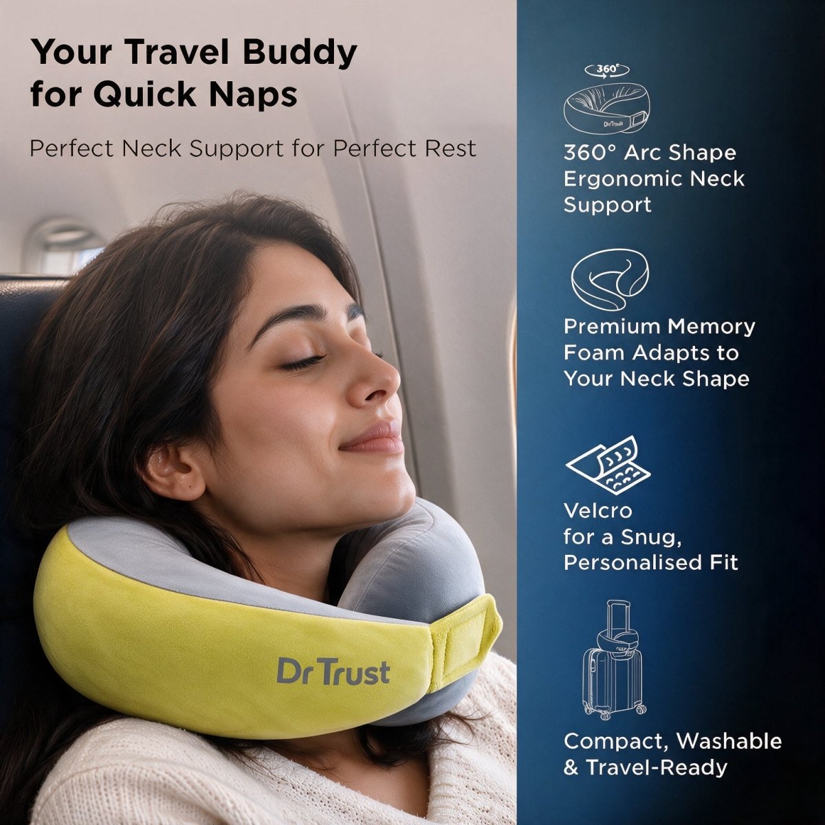 Dr Trust USA Cocoon 3219 Travel Neck Pillow with 360° Support & Memory Foam – Green