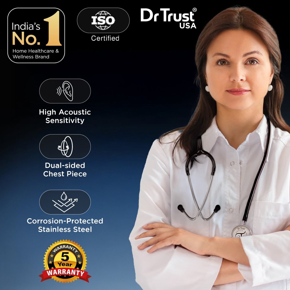 Dr Trust USA Gold Standard III Stethoscope 128 (Black)