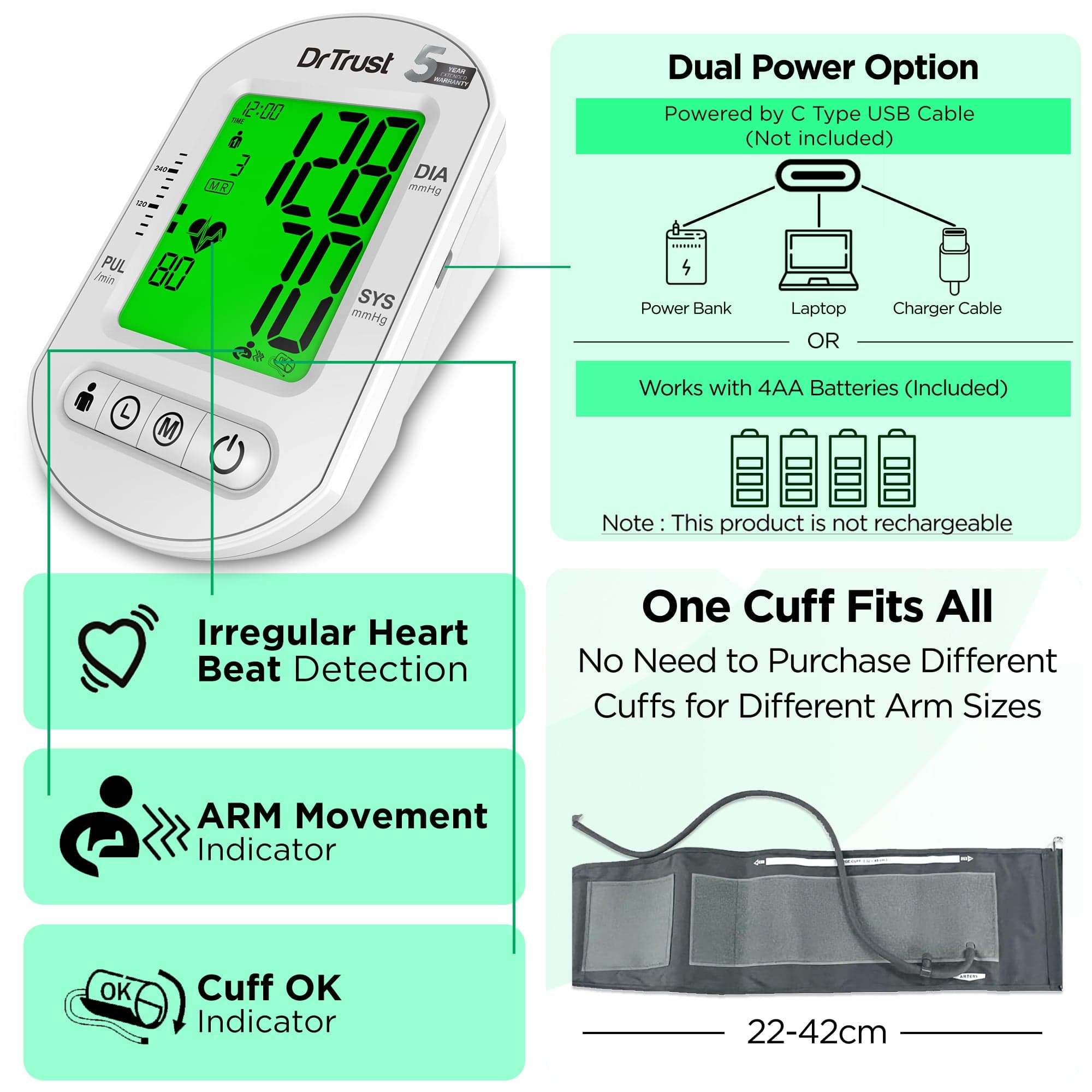 Dr Trust USA Blood Pressure Monitor Dr Trust USA Intellitrack 133 Fully Automatic Portable Digital Blood Pressure Monitor USB Compatible & Powered by 4 AAA Batteries BP Machine with 3 Color Backlight