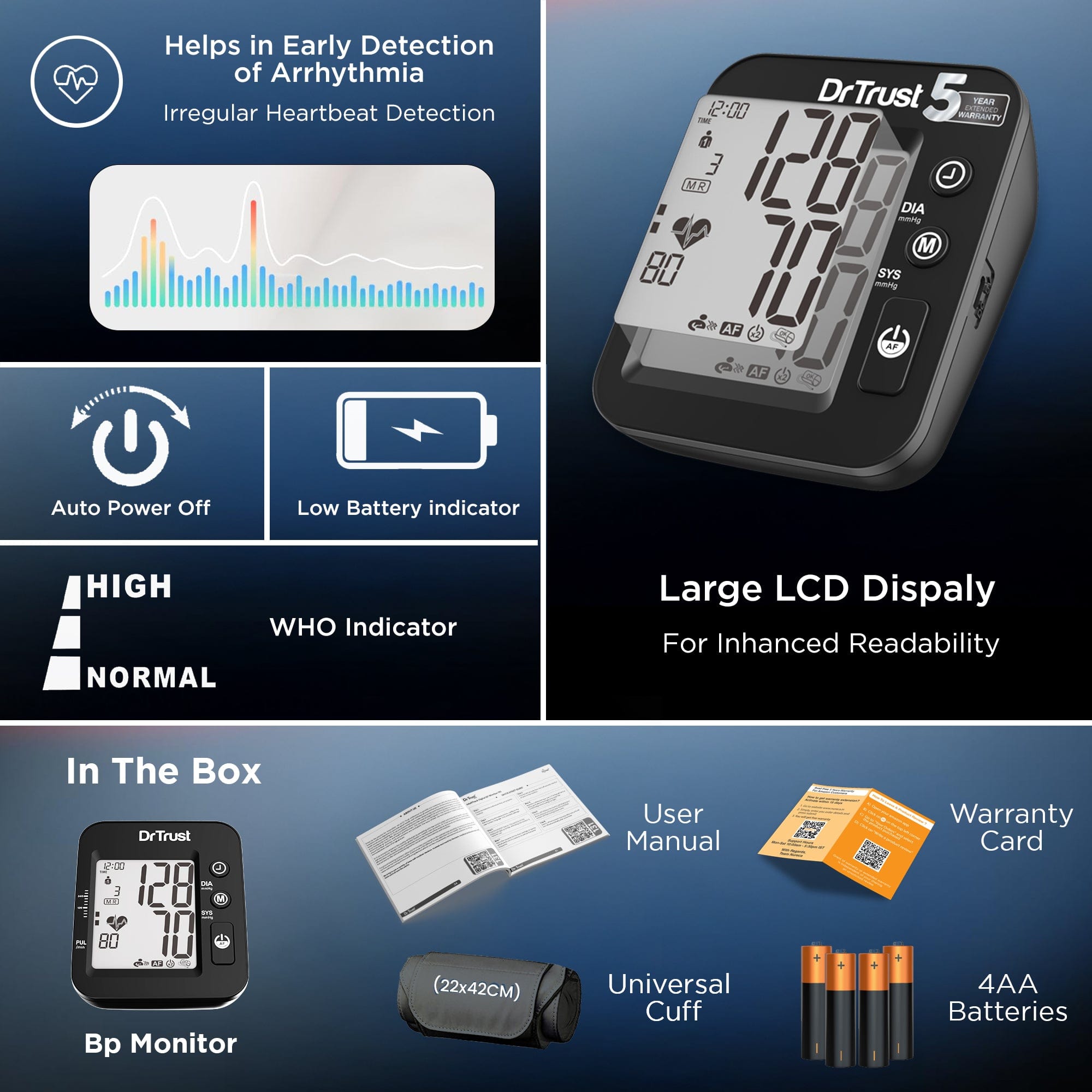 Dr Trust USA Blood Pressure Monitor Dr Trust USA IntelliTrack Blood Pressure Monitor 131 for Atrial Fibrillation Detection & Stroke Prevention, USB Compatible & Powered By 4 AAA Batteries BP Machine with Afib, MDI Technology (Black)