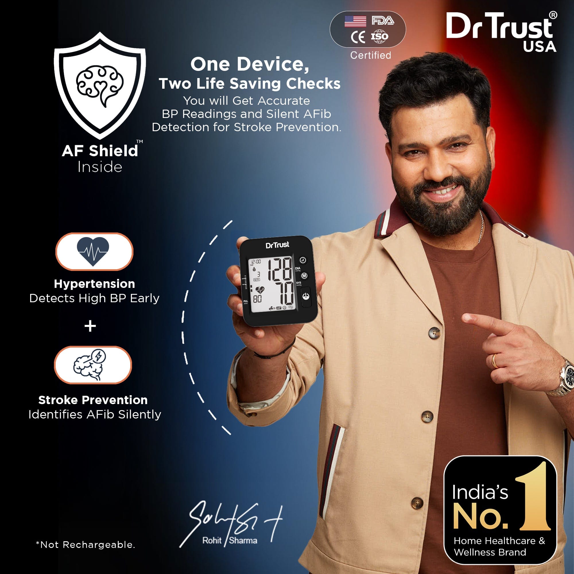 Dr Trust USA Blood Pressure Monitor Dr Trust USA IntelliTrack Blood Pressure Monitor 131 for Atrial Fibrillation Detection & Stroke Prevention, USB Compatible & Powered By 4 AAA Batteries BP Machine with Afib, MDI Technology (Black)