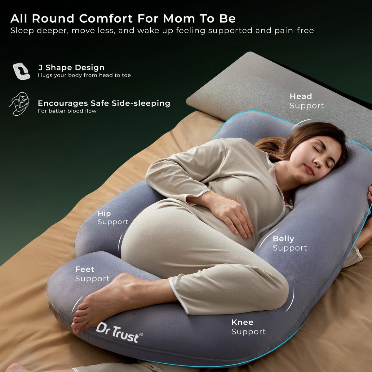 Dr Trust USA J - Shaped Pregnancy Pillow 3213 (Grey)