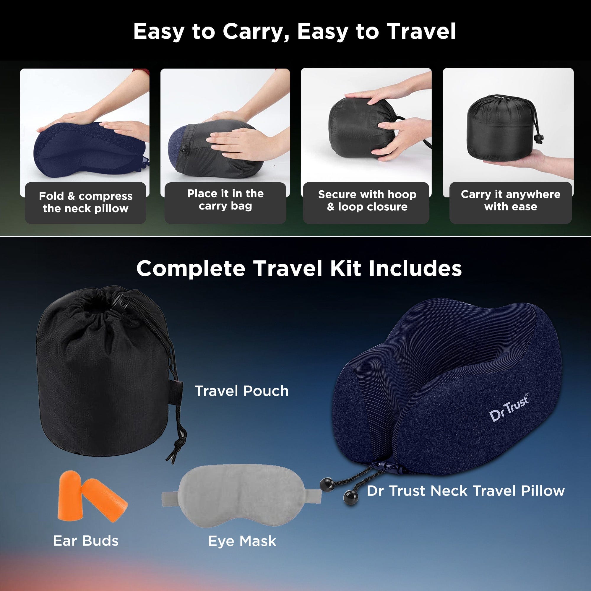 Dr Trust USA Ortho Products Dr Trust USA Neck Pillow for Travelling, Orthopedic Memory Foam Travel Airplane Head Rest Support Cushion For Adults Flights Accessories Aircraft Recommended For Neck Cervical Pain 358