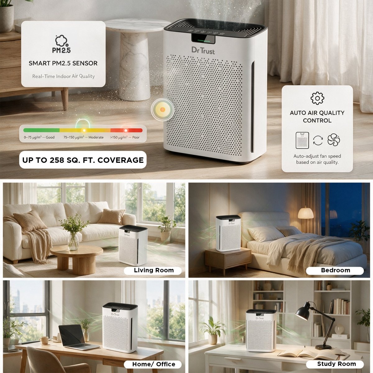 Dr Trust USA Oslo Air Purifier 915 with True HEPA H13 & Activated Carbon Filter, Real-Time PM2.5 Display, Auto Mode, Child Lock & Aromatherapy, Covers Up to 250 Sq. Ft.