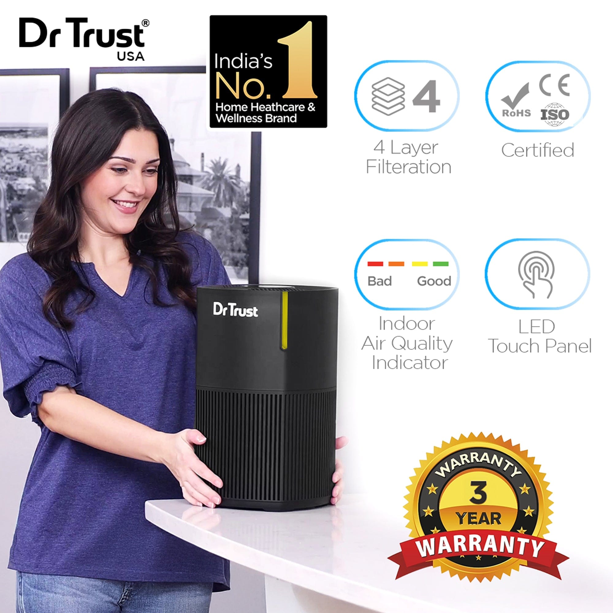 Dr Trust USA humidifier Dr Trust USA Zurich Home Air Purifier with HEPA Filter + UV LED 4 Stage Filtration & Air Quality Monitoring | 360° Air Inlet, Removes 99.97% Pollutants & Micro Allergens up to 270 Sq. Ft. Area of Bedroom, Office, Pet & Living Rooms 908 (Black)