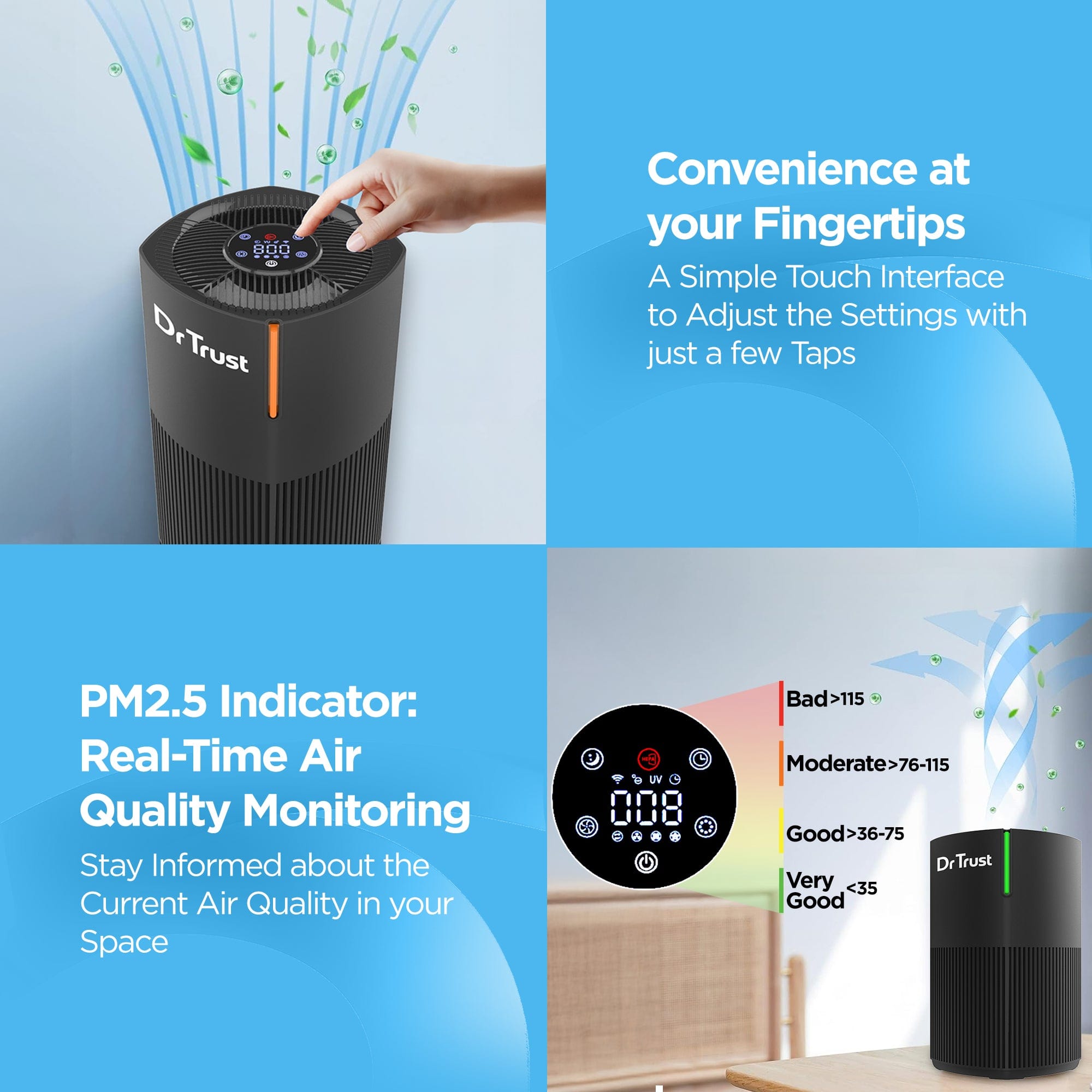 Dr Trust USA humidifier Dr Trust USA Zurich Home Air Purifier with HEPA Filter + UV LED 4 Stage Filtration & Air Quality Monitoring | 360° Air Inlet, Removes 99.97% Pollutants & Micro Allergens up to 270 Sq. Ft. Area of Bedroom, Office, Pet & Living Rooms 908 (Black)