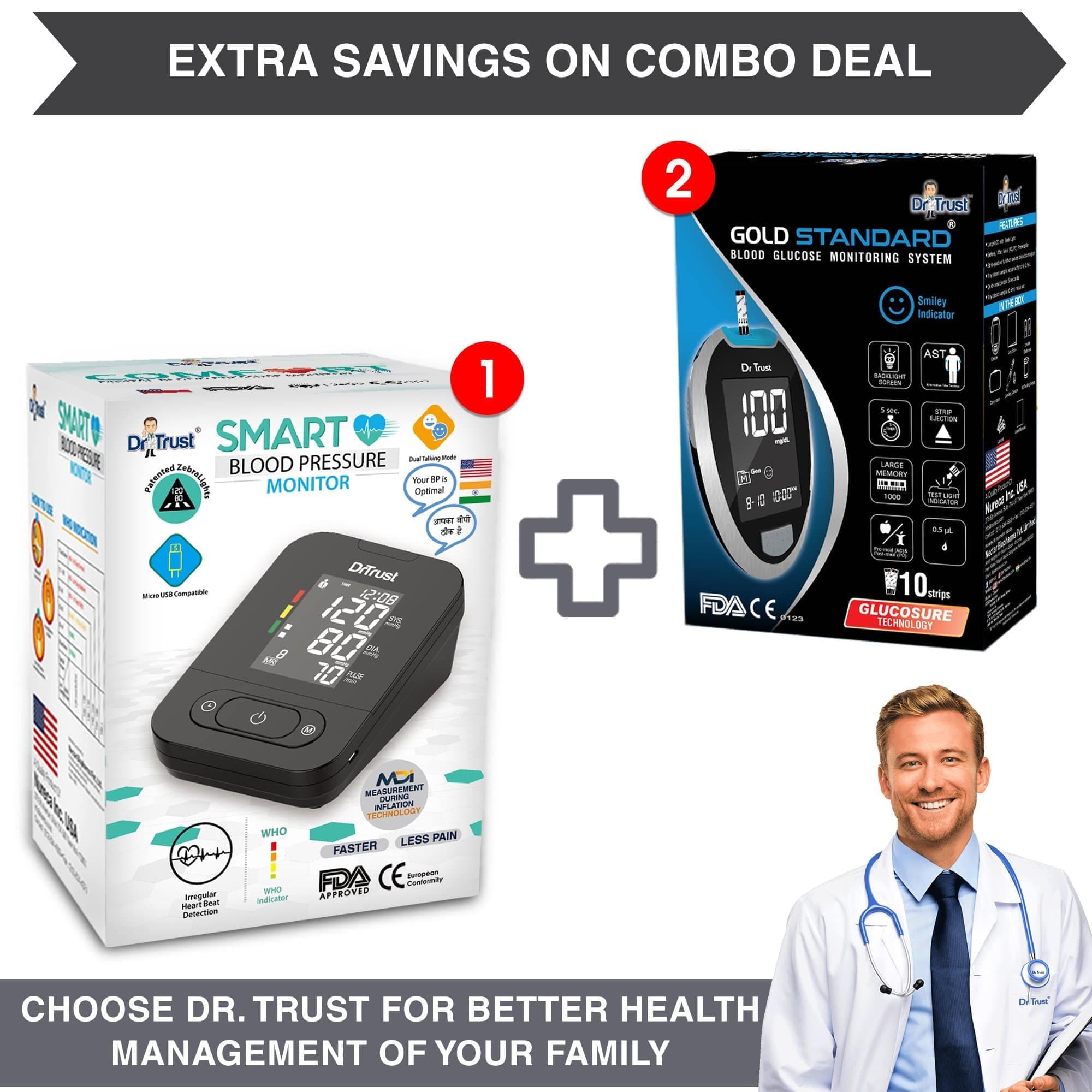 Dr Trust USA Smart BP Machine 101 + Glucose Blood Sugar Testing 9001 with 10 strips | Dr Trust.