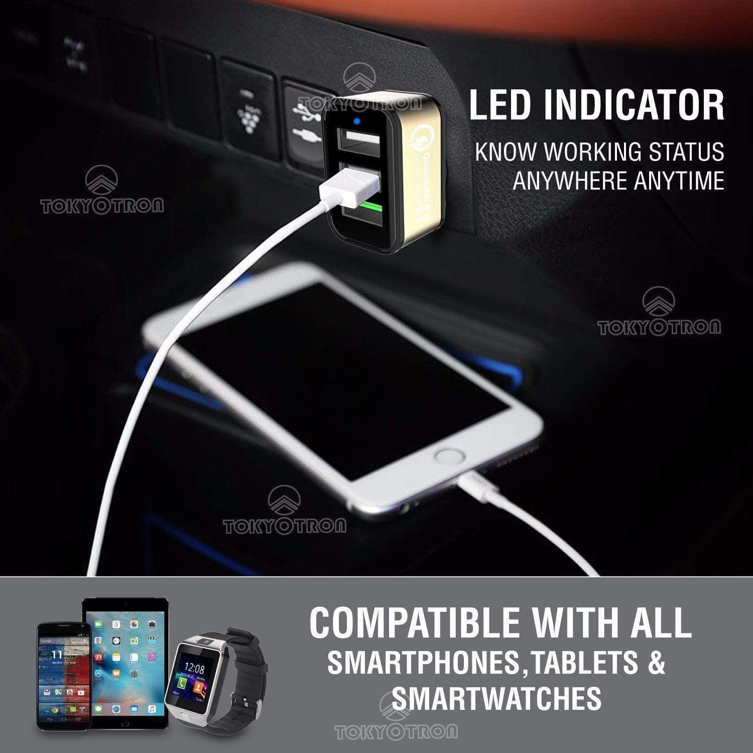 Tokyotron 3 USB Port Car Mobile Charger Qualcomm 3.0 | Dr Trust.