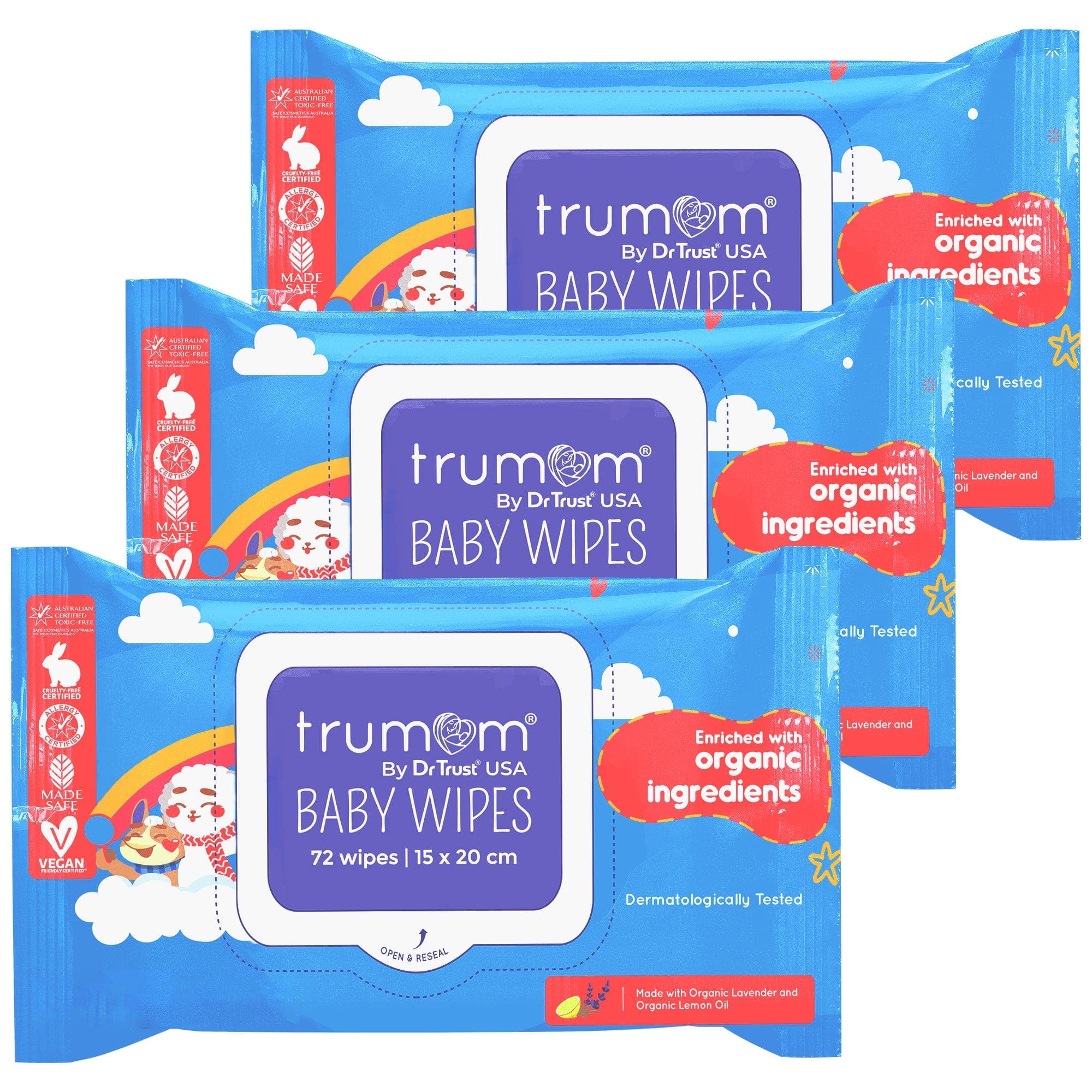 Dr Trust USA Trumom organic Pack of 3 Trumom USA ORGANIC Baby Wipes (Pack of 3) - Australian Made Safe Certified, Toxins & Harmful Chemical Free 2015