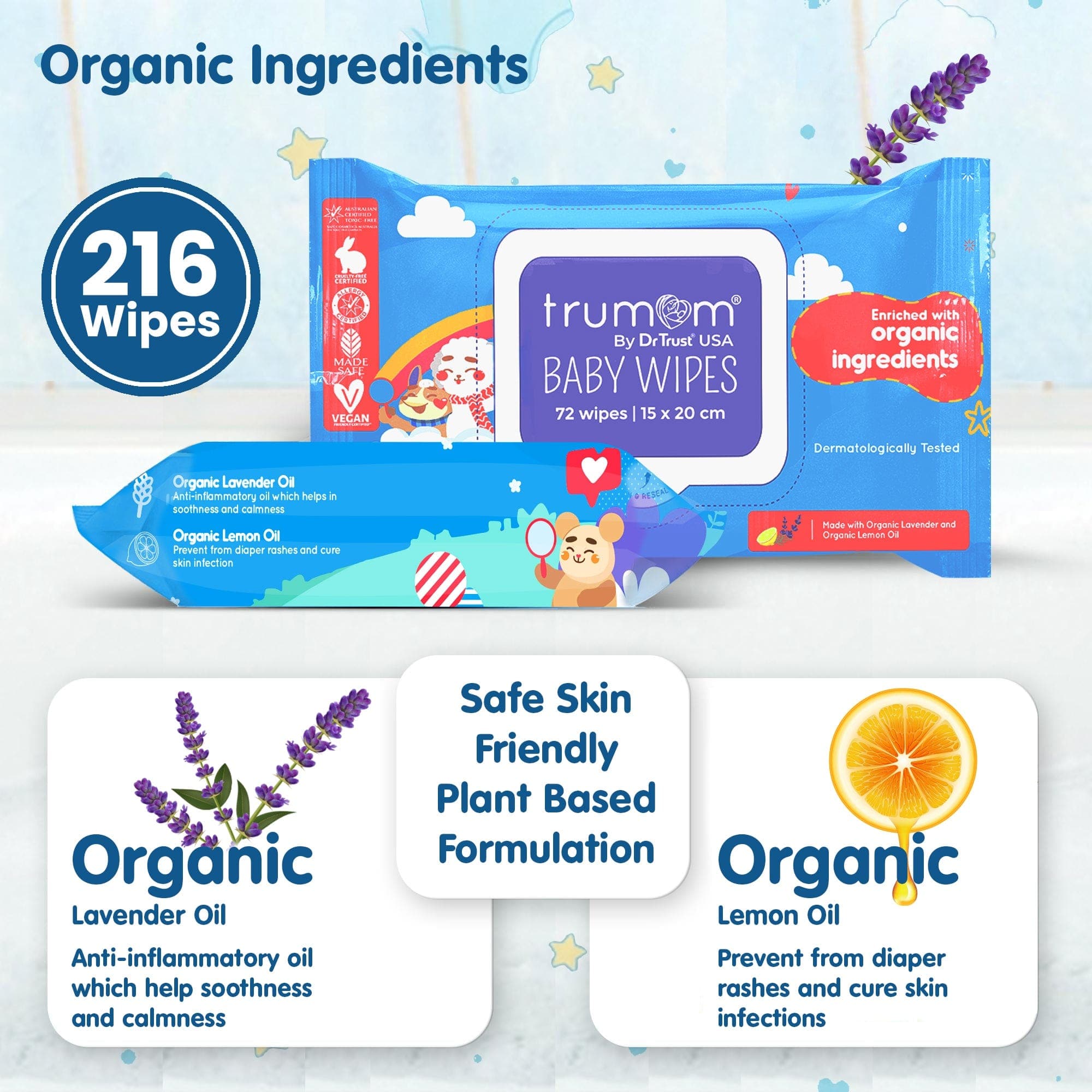 Dr Trust USA Trumom organic Pack of 3 Trumom USA ORGANIC Baby Wipes (Pack of 3) - Australian Made Safe Certified, Toxins & Harmful Chemical Free 2015