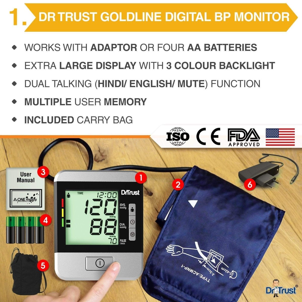 Dr Trust USA Goldline BP Monitor 103 + Glucometer 9001 (10 Strips)