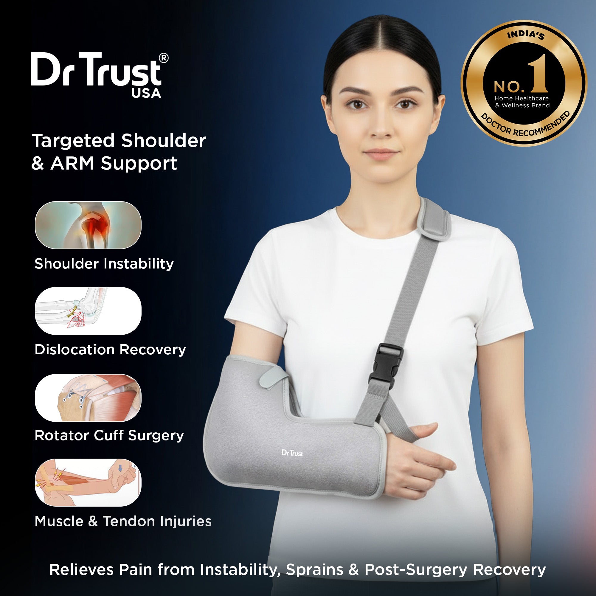 Dr Trust USA Tropical 4201 Arm Sling Pouch for Fracture, Shoulder & Forearm Support Adjustable Orthopedic Arm Immobilizer with Thumb Cradle for Fracture Recovery for Men & Women (Grey)