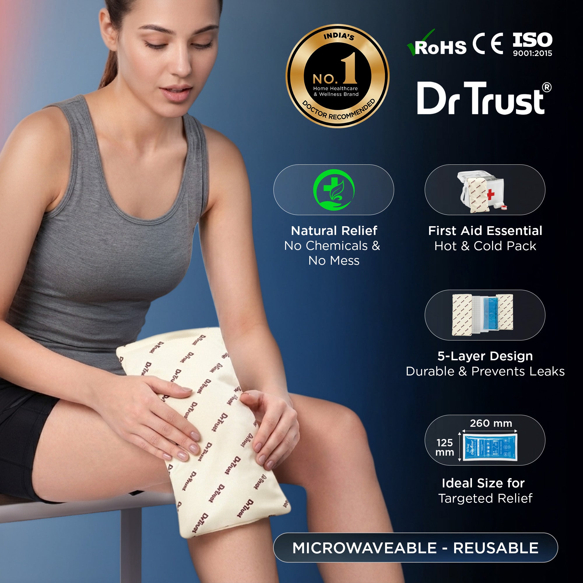 Dr Trust USA 397 Hot and Cold Gel Pack for Fast Pain Relief & Recovery, Reusable Ice Pack for Injuries, Knee, Back, Neck & Shoulder, Flexible, Leak-Proof, Microwavable Heat & Cold Pad (Medium Size)