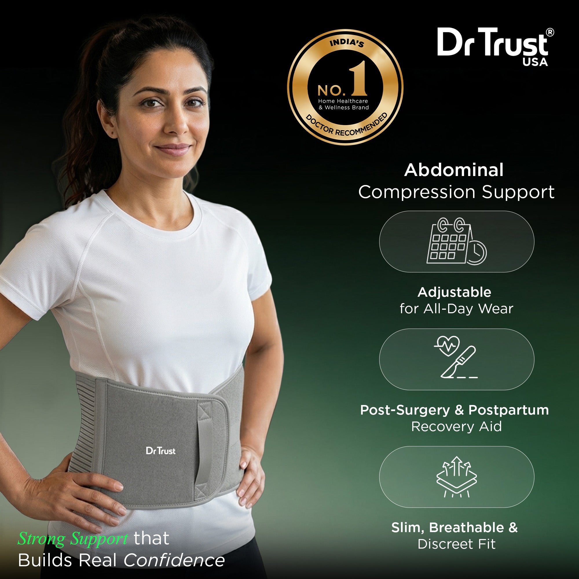 Dr Trust USA 4502 Abdominal Support Belt for Lower Back Pain, Post Surgery & Pregnancy Recovery, 9” (23 cm) Lightweight and Breathable Orthopaedic Compression Belt for Men and Women