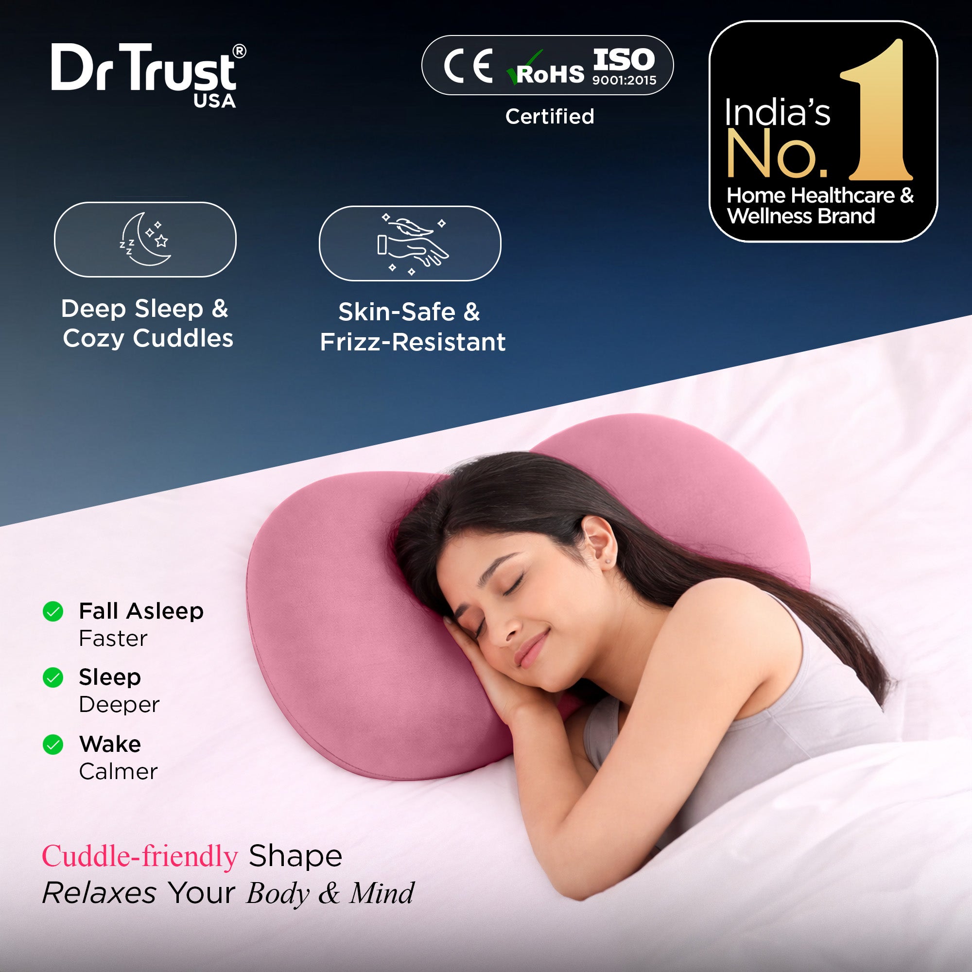 Dr Trust USA 3210 Cuddlee Cuddle Pillow for Cozy Comfort, Deep Sleep, Lounging & Curved Memory Foam Hugging for Side Sleepers, Neck & Shoulder Support, Breathable Soft Fabric Snuggles Pillow for Relaxation