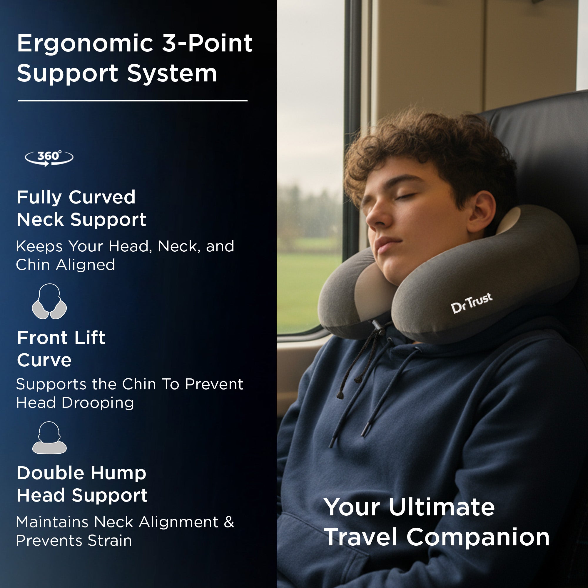 Dr Trust USA 3209 Travel Pillow for Neck & Head Support Soft Memory Foam Travelling Pillow for Comfortable Sleeping in Airplane, Train, and Car, Lightweight, Carry Bag Included
