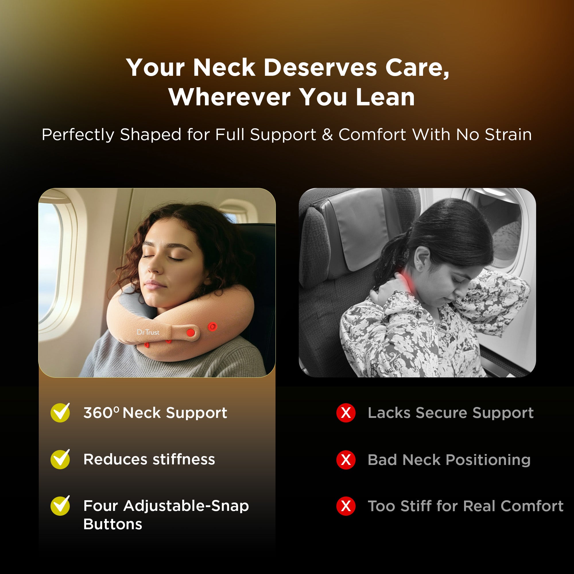 Dr Trust USA Cocoon 3205 Travel Neck Pillow 360° Ergonomic Support for Car, Flight & Train Comfortable Memory Foam Pillow with 4 Adjustable Buttons – Pink Voyager