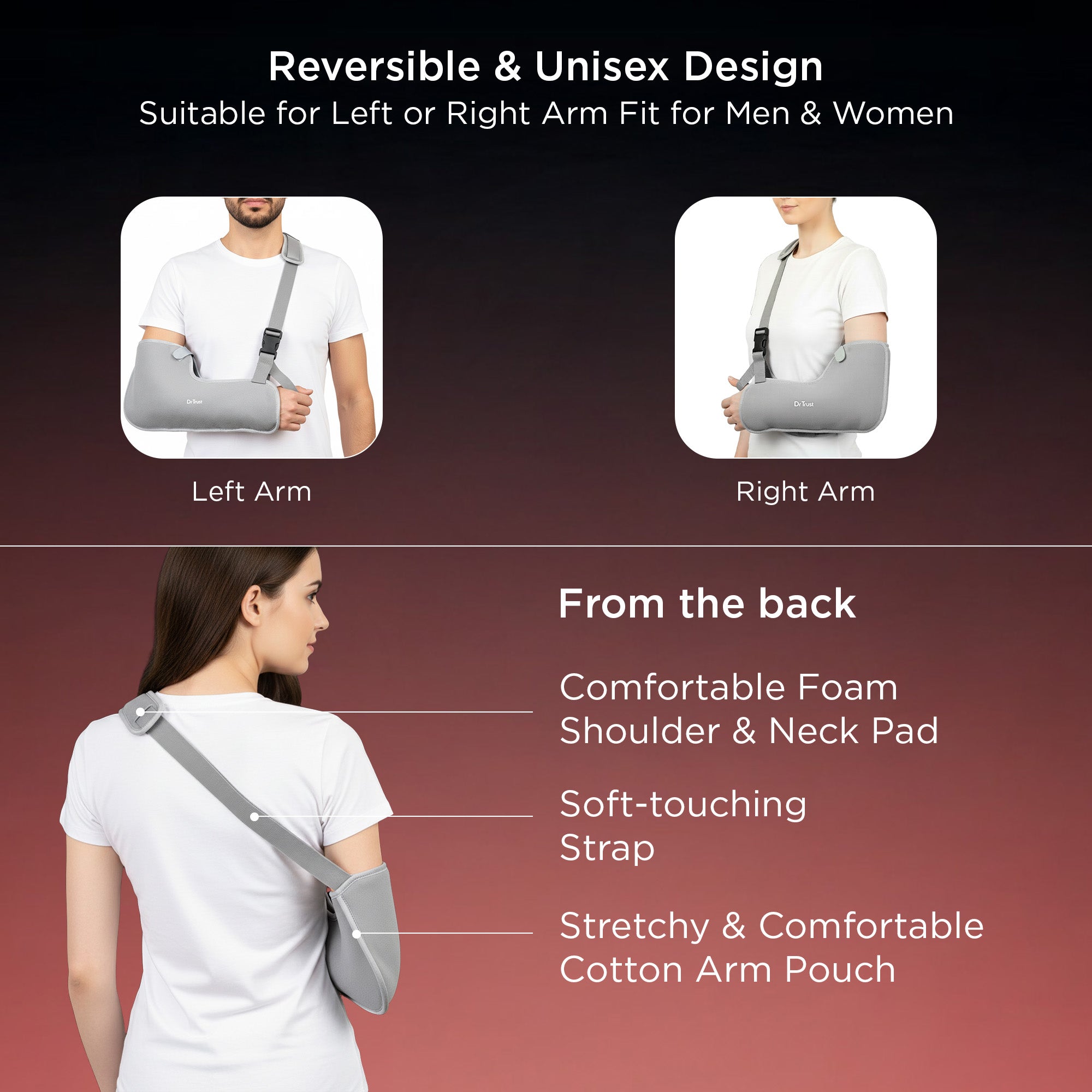 Dr Trust USA Tropical 4201 Arm Sling Pouch for Fracture, Shoulder & Forearm Support Adjustable Orthopedic Arm Immobilizer with Thumb Cradle for Fracture Recovery for Men & Women (Grey)