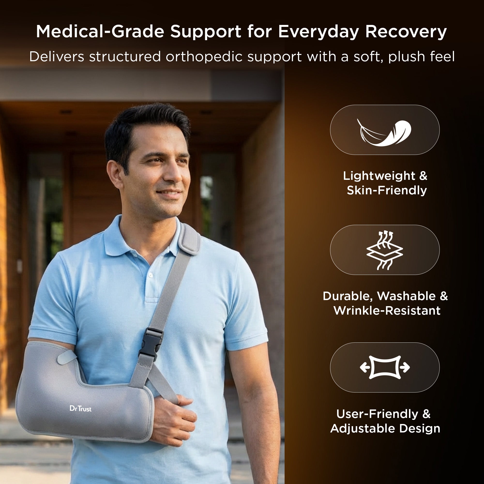 Dr Trust USA Tropical 4201 Arm Sling Pouch for Fracture, Shoulder & Forearm Support Adjustable Orthopedic Arm Immobilizer with Thumb Cradle for Fracture Recovery for Men & Women (Grey)