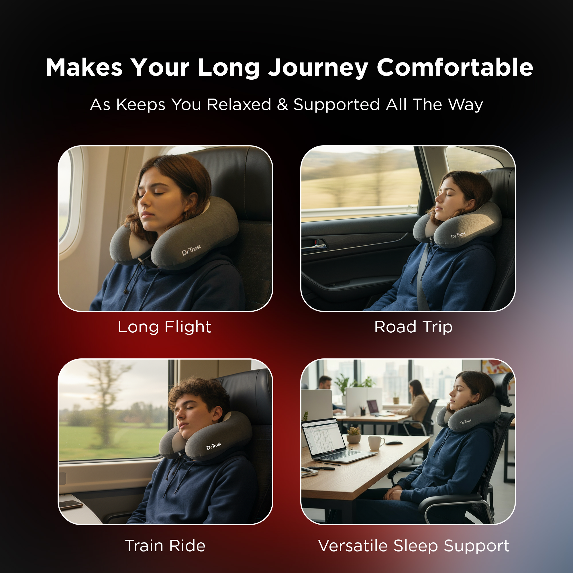 Dr Trust USA 3209 Travel Pillow for Neck & Head Support Soft Memory Foam Travelling Pillow for Comfortable Sleeping in Airplane, Train, and Car, Lightweight, Carry Bag Included