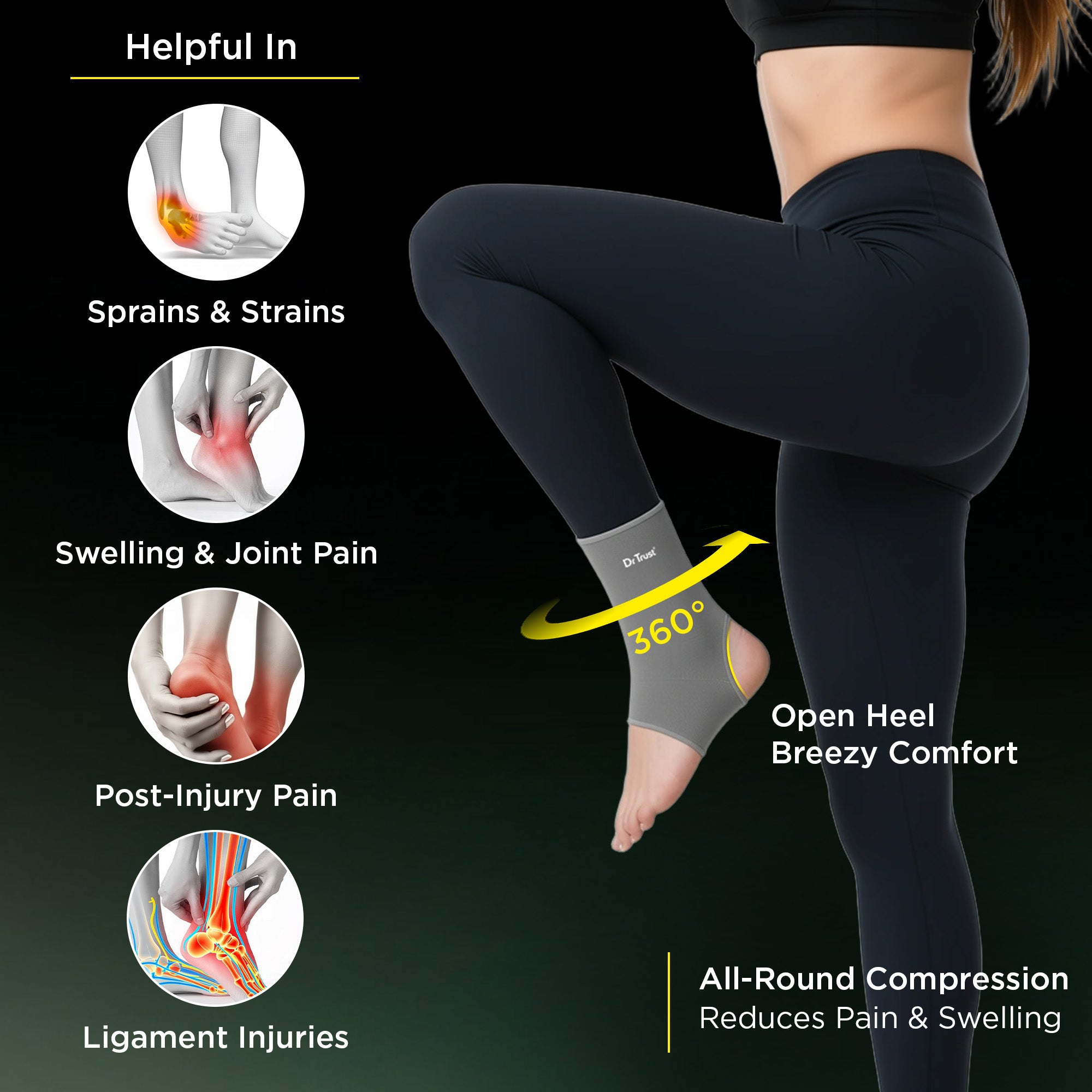 Dr Trust USA 4303 3D Knitted Ankle Support Sleeve with Open Heel Design for Ankle Pain Relief, Compression & Faster Healing, Sports & Injury Recovery Support Anklet Pair Sleeves