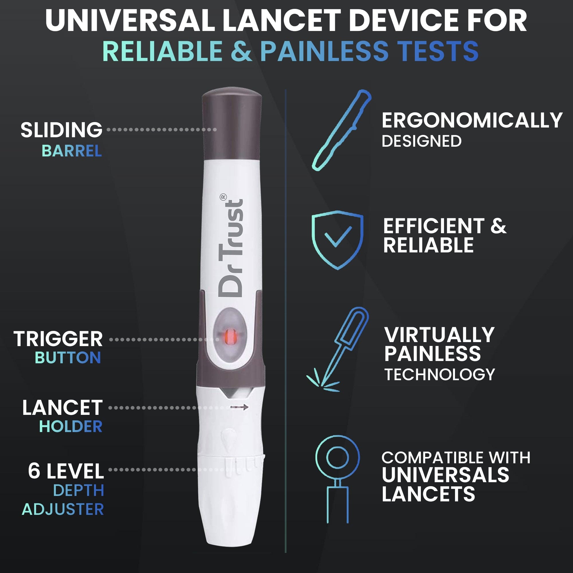Dr Trust USA Glucometer Dr Trust USA Lancing Device Pen & 50 Round Lancets (Compatible for use with all brands of Glucometers)