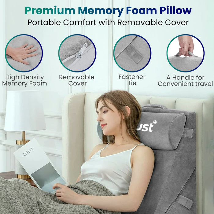 Dr Trust USA Orthopedic Pillow Dr Trust USA Memory Foam Bed Wedge Pillow for Sitting & Restful Sleep, 3Pcs Elevated Orthopedic Cushion with Headrest for Pregnancy, Acid Reflux Support, Neck, Back, and Legs Pain Relief for Women, Men 354