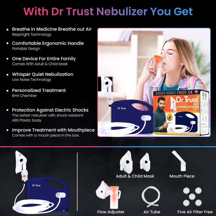 Dr Trust USA Nebulizer Dr Trust USA Sapphire Compressor Nebulizer Machine– 414, Low Noise Handy Device for Home Nebulization, Complete Kit with Adult and Child Masks