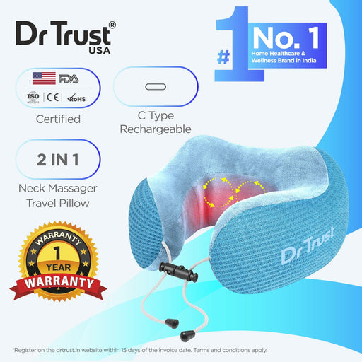 Dr Trust USA Ortho Products Dr Trust USA Cloudwalker Neck Pillow for Travel Comfort in Flights, Train, Airplane, Rechargeable Memory Foam Neck Support with Massage & Heat For Pain Relief, Travelling Sleep Accessories 386