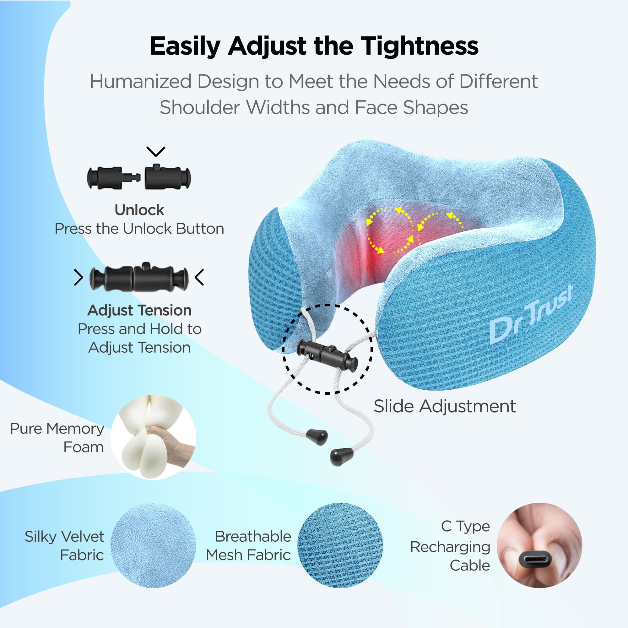Dr Trust USA Ortho Products Dr Trust USA Cloudwalker Neck Pillow for Travel Comfort in Flights, Train, Airplane, Rechargeable Memory Foam Neck Support with Massage & Heat For Pain Relief, Travelling Sleep Accessories 386