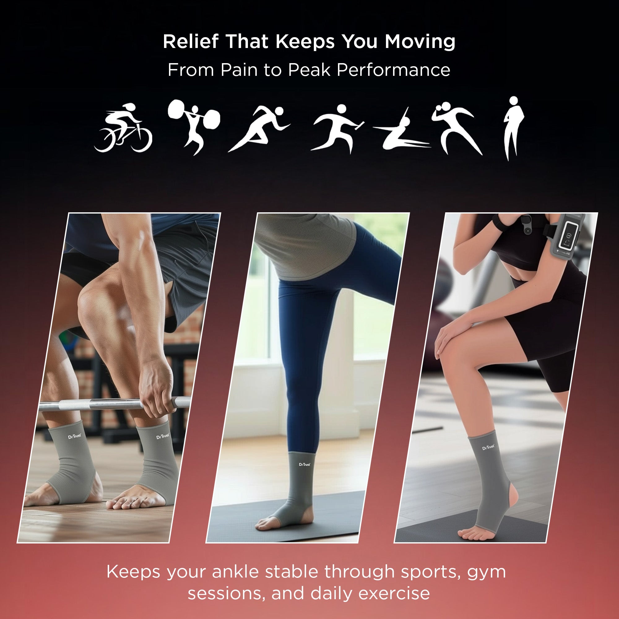 Dr Trust USA 4303 3D Knitted Ankle Support Sleeve with Open Heel Design for Ankle Pain Relief, Compression & Faster Healing, Sports & Injury Recovery Support Anklet Pair Sleeves