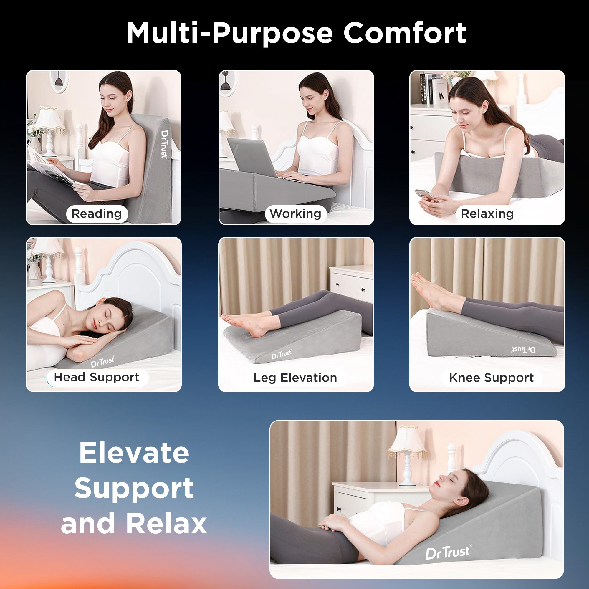 Dr Trust USA 3201 Wedge HR Foam Pillow for Elevated Sleeping, Acid Reflux, Snoring, GERD, Heartburn, Back Support & Pain Relief, Spinal Alignment & Posture Support Pillow Large