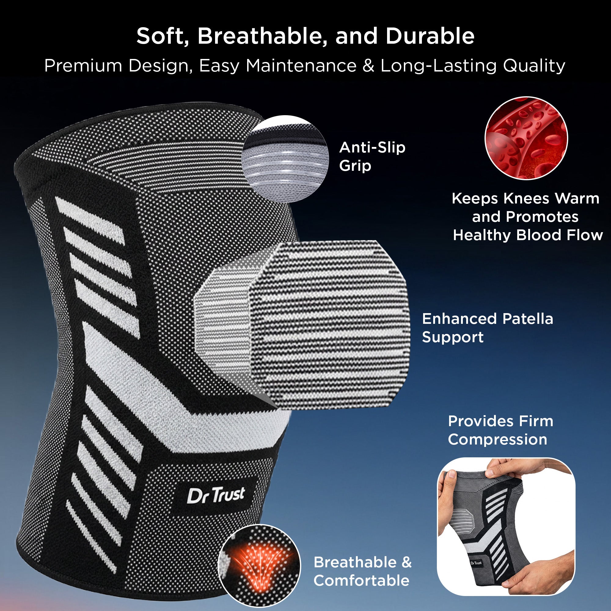 Dr Trust USA Knee Cap Pro for Knee Pain, Meniscus Tear, ACL Arthritis, Sports and Recovery Support, Advanced Compression Knee Sleeve for Joint Stability Recovery Knee Brace For Men and Women (2 pack) 4520