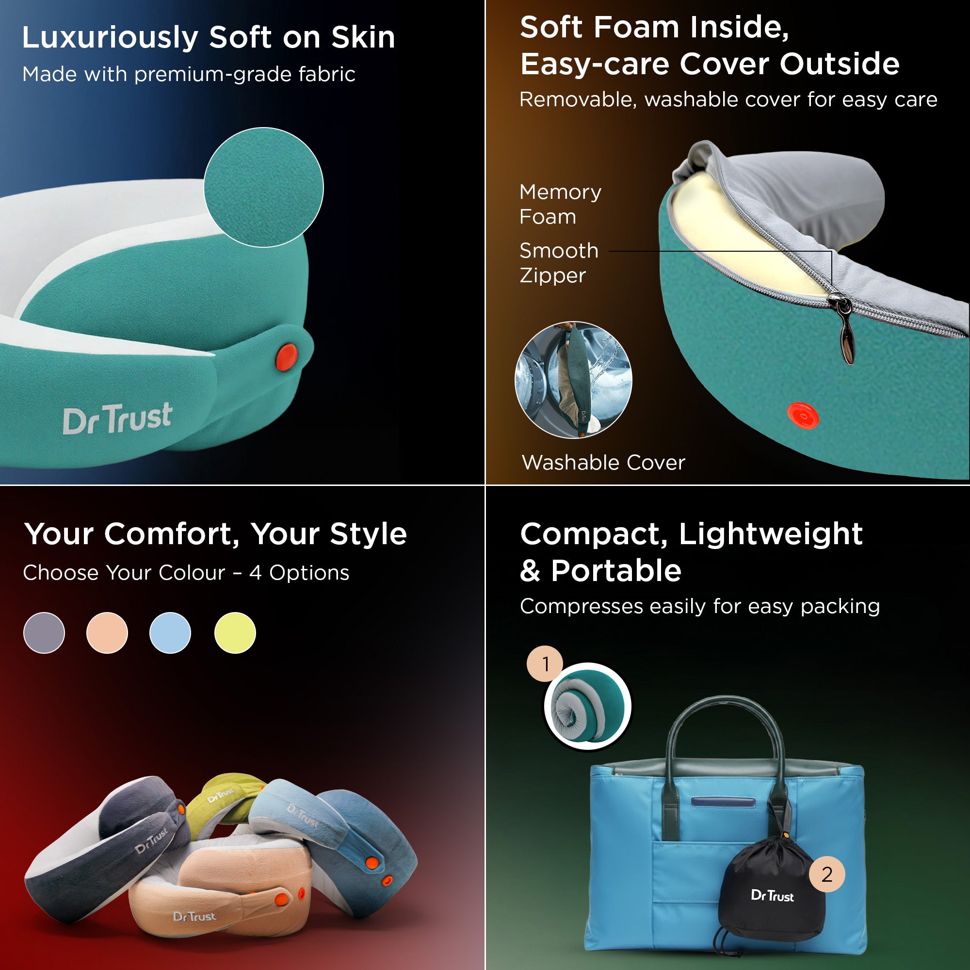 Dr Trust USA Cocoon 395 Travel Neck Pillow 360° Ergonomic Support for Car, Flight & Train Comfortable Memory Foam Pillow with 4 Adjustable Buttons – Blue