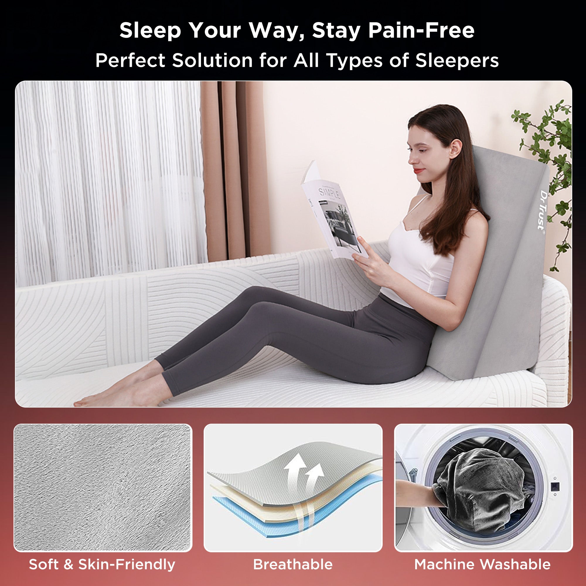 Dr Trust USA 3201 Wedge HR Foam Pillow for Elevated Sleeping, Acid Reflux, Snoring, GERD, Heartburn, Back Support & Pain Relief, Spinal Alignment & Posture Support Pillow Large