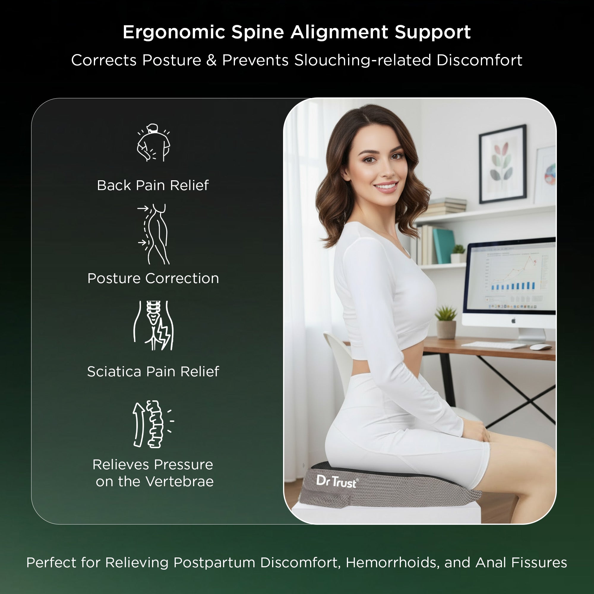 Dr Trust USA 393 Coccyx Cushion for Sciatica & Lower Back Tailbone Pain Relief, Postpartum Recovery,  Posture Correction & Long Sitting Seating Comfort Home, Office Chairs & Car Seats PU Foam Low Back Seat Comfort for Men & Women