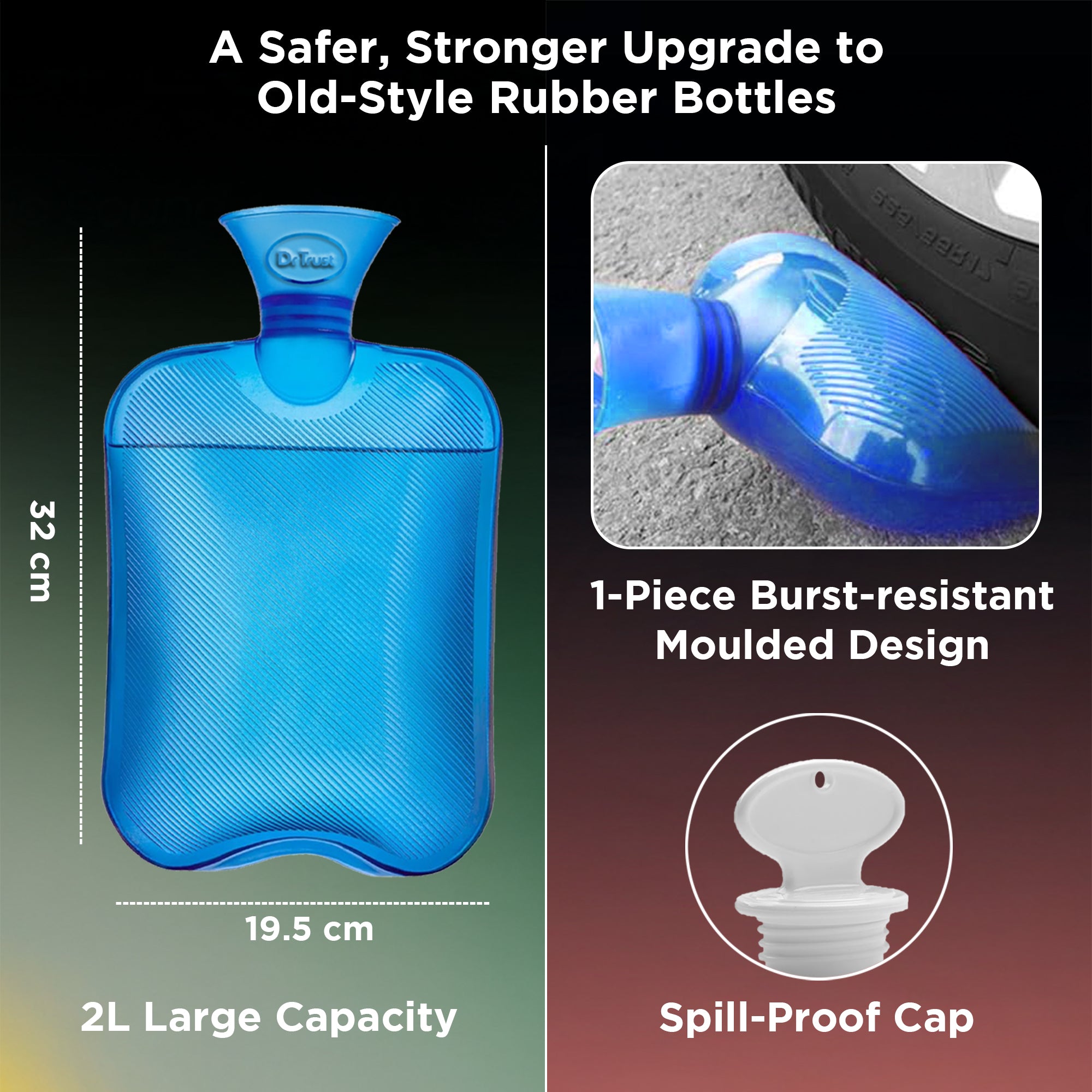 Dr Trust USA 371 Hot Water Bottle for Period Pain Relief, Muscle Cramps, Back Pain, Joint Pain & Winter Warmth BPA-Free PVC Transparent 2L Leak-Proof Hot Water Bag – Pack of 1