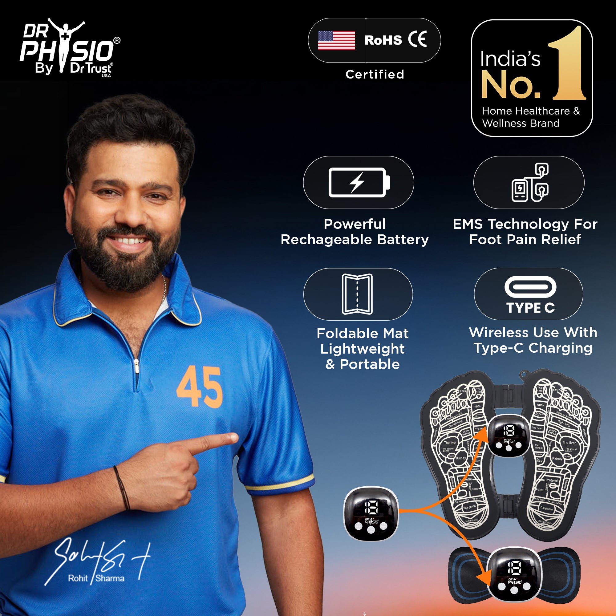 Dr Physio USA 1035 EMS Rechargeable Foot Massager Mat Machine with 8 Massage Modes, 19 Intensity Levels, Reflexology Pad For Pressure Point Full Body Pain Relief, Portable Foldable Foot Massager for Tired & Achy Feet Relief