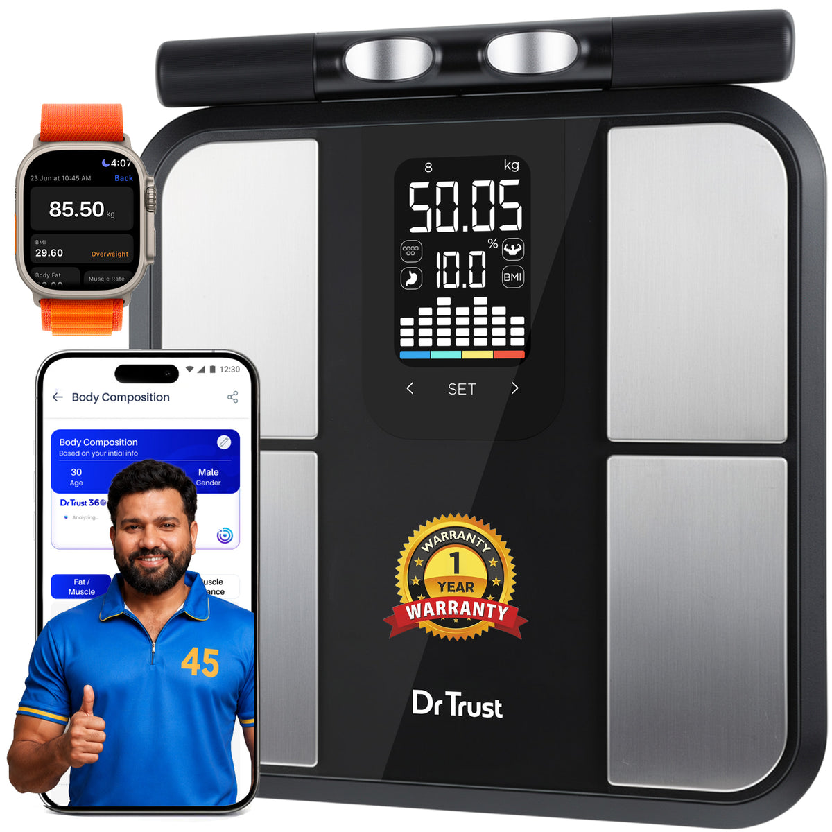 Dr Trust USA Olympus Smart Body Fat & BMI Scale, 8-Electrode, 50 Body Metrics, Drtrust 360 App Sync