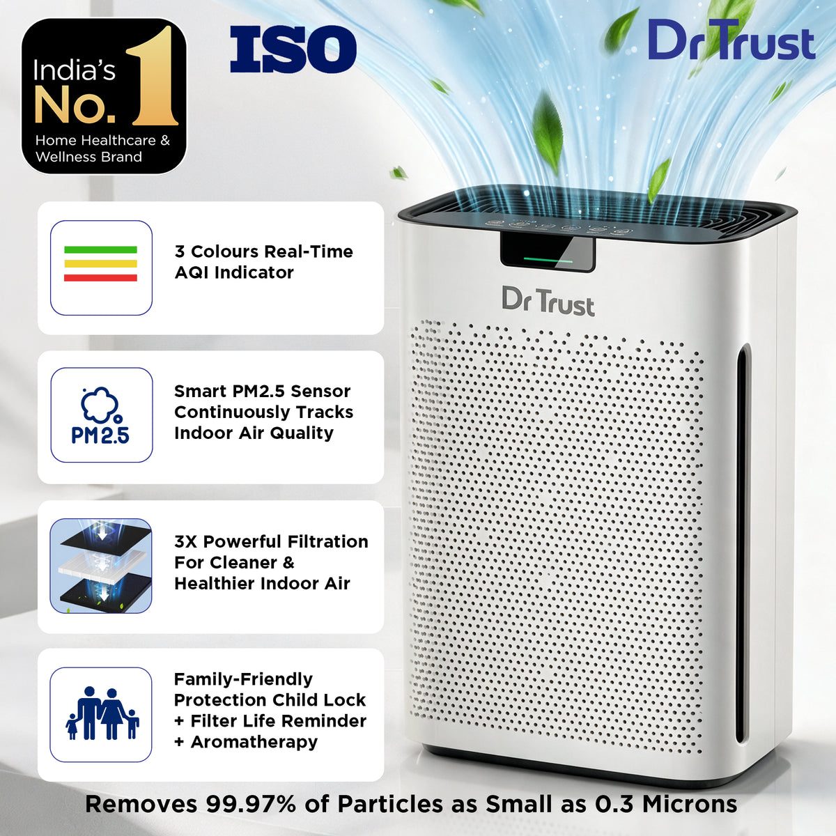 Dr Trust USA Oslo Air Purifier 915 with True HEPA H13 & Activated Carbon Filter, Real-Time PM2.5 Display, Auto Mode, Child Lock & Aromatherapy, Covers Up to 250 Sq. Ft.