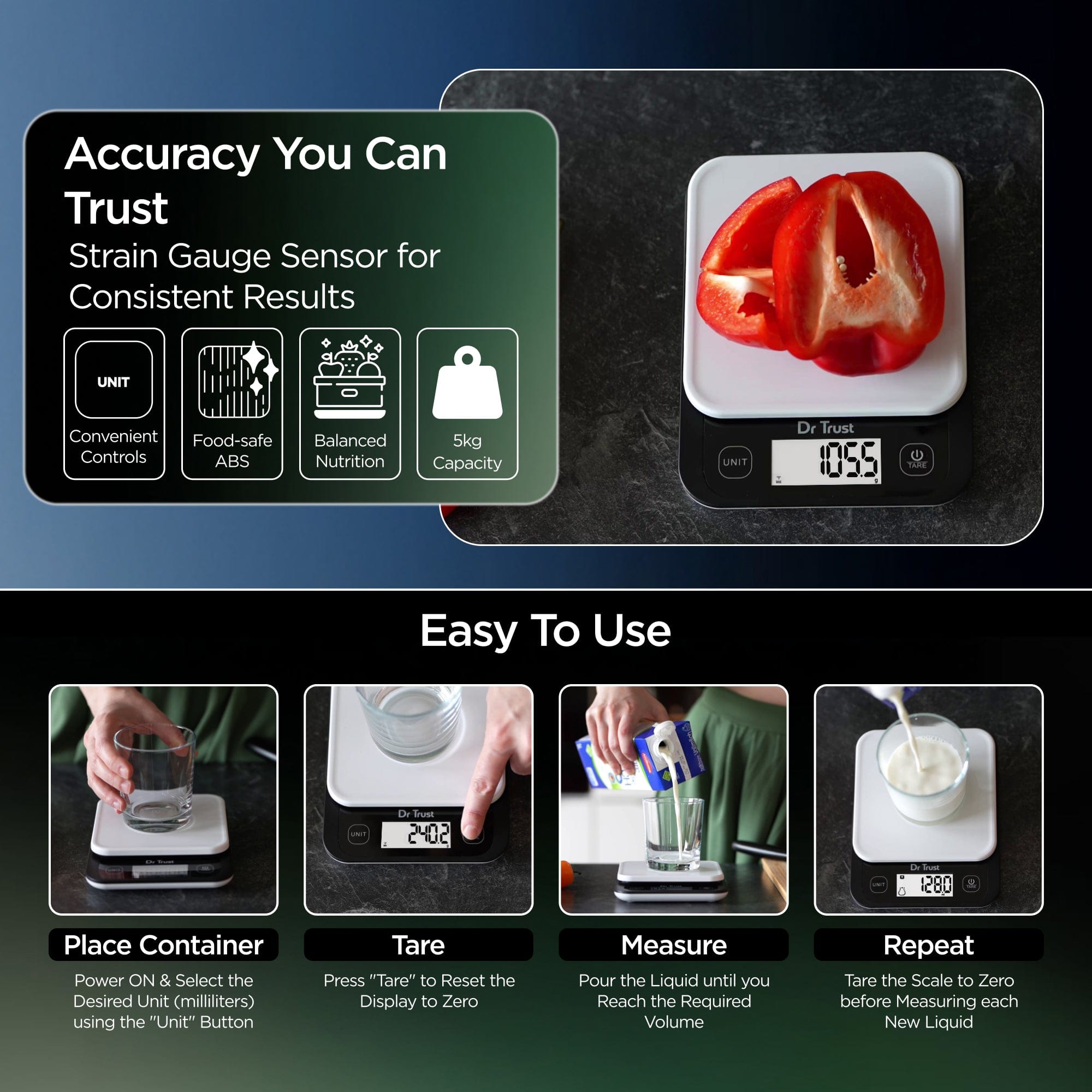 Dr Trust USA kitchen scale Dr Trust USA Kitchen Weighing Scale 528 Measures Portion Sizes of Food Ingredients At Home & Shop, Baking Weight Machine With Tare Function, Diet Meals Portion Control For Healthy Eating (5 Kg)