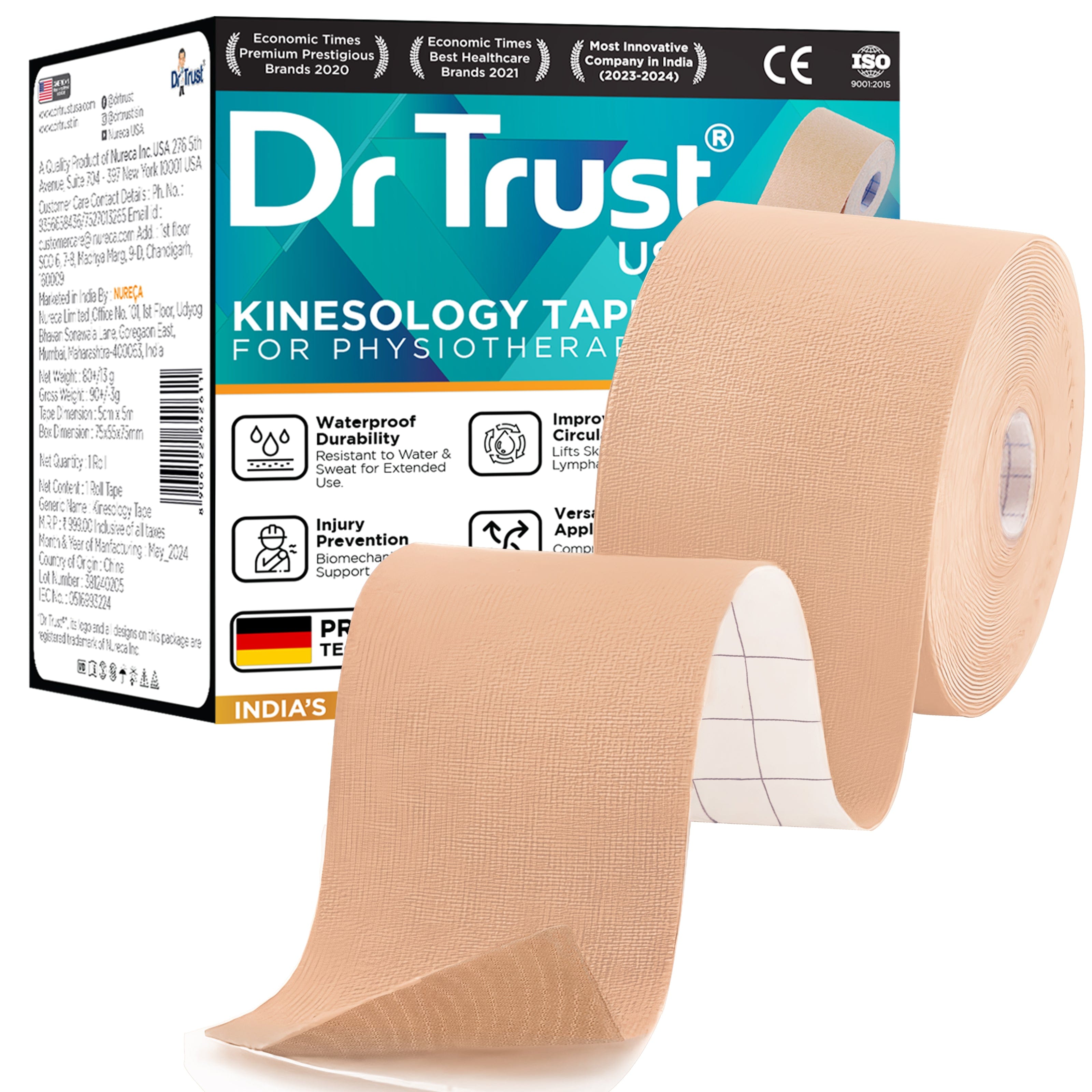 Dr Trust USA Ortho Products Dr Trust USA Kinesiology Tape 381 Athletic Sports Injury Pain Relief, Waterproof Muscles Support Compression Bandage for Athletes, Knee, Ankle, Shoulder and Legs Therapeutic Relief, Sizes- 5 m X 5 cm (Beige)