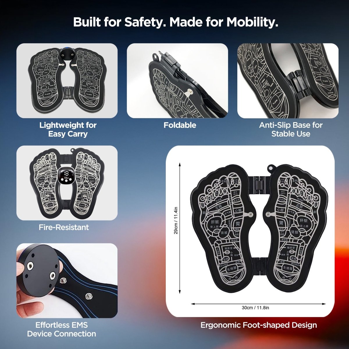 Dr Physio USA 1035 EMS Rechargeable Foot Massager Mat Machine with 8 Massage Modes, 19 Intensity Levels, Reflexology Pad For Pressure Point Full Body Pain Relief, Portable Foldable Foot Massager for Tired & Achy Feet Relief