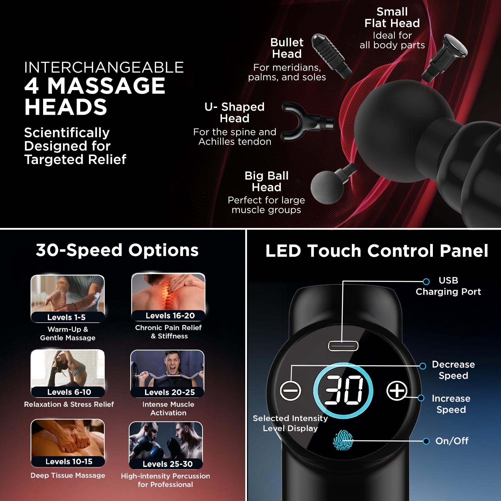 Dr Trust USA Massager Dr Physio USA 1049 Touch Dynamo Electric Massage Gun for Pain Relief, Rechargeable, 4 Heads Full Body Deep Tissue Percussion Massage Machine for Post-Workout Recovery Back, Neck, Shoulder & Leg Muscle Pain Relief