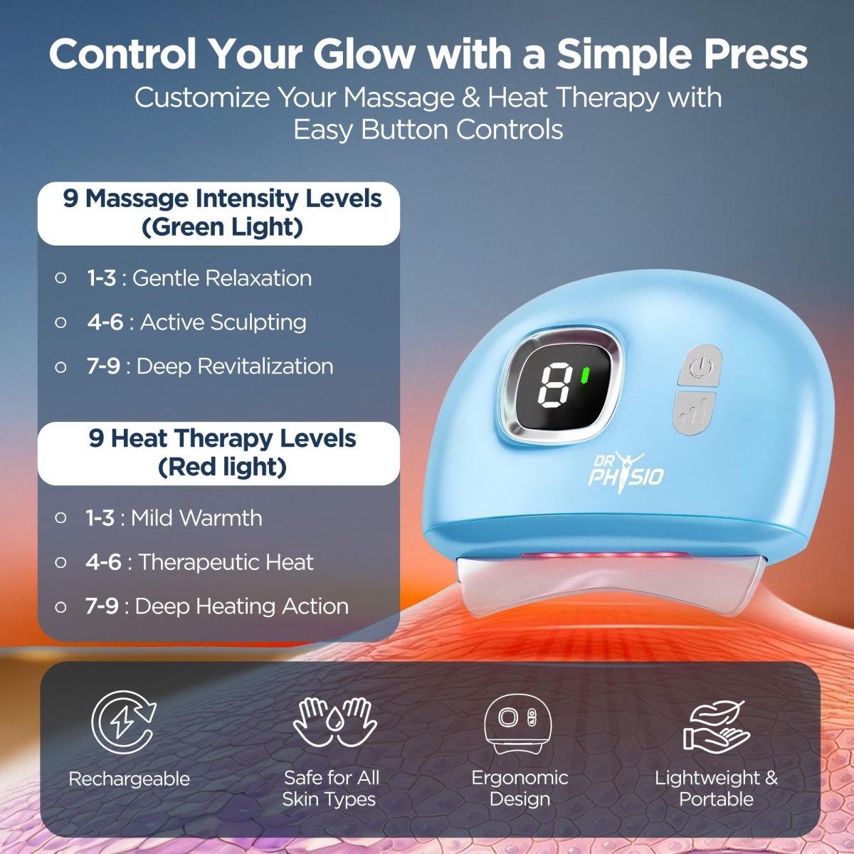 Dr Physio USA 1056 Dermasculpt Electric Gua Sha Massager for Jawline Sculpting, Facial Lifting, Anti-Aging, Skin Tightening & Muscle Relaxation with Heat & Vibration, Rechargeable Face & Body Massager for Skin Rejuvenation & Pain Relief