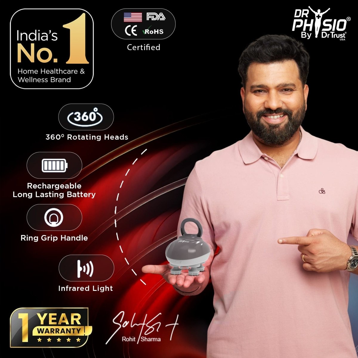 Dr Physio USA Rechargeable Head & Scalp Massager with Red Light 1052