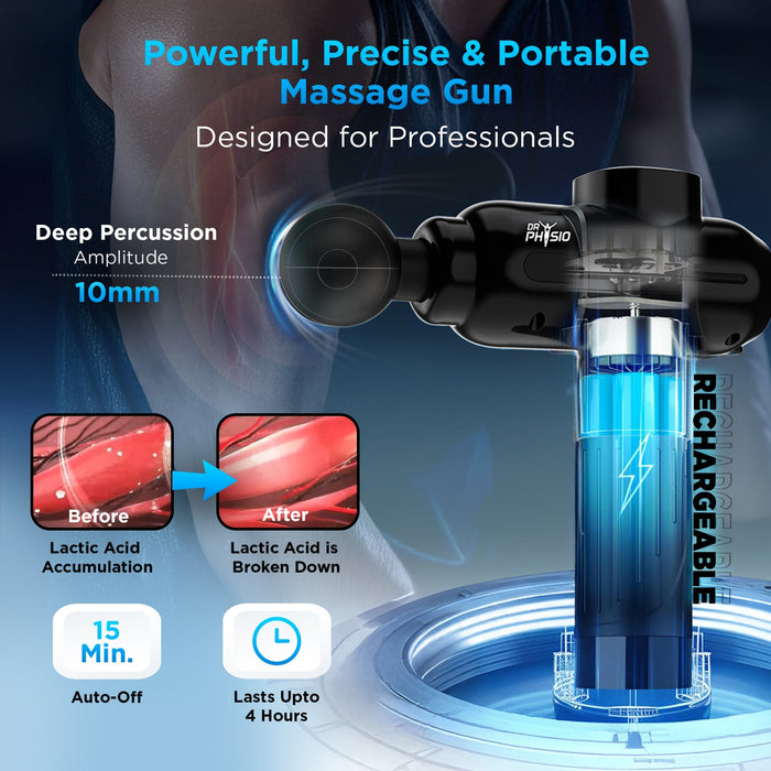 Dr Trust USA Massager Dr Physio USA Supervolt PRO Electric Gun Massager for Pain Relief, 6 Heads, 4 Speed Levels Rechargeable Full Body Deep Tissue Percussion Massage Device for Muscles of Back, Neck, Shoulder, Hand, Foot, Head & Leg 1043